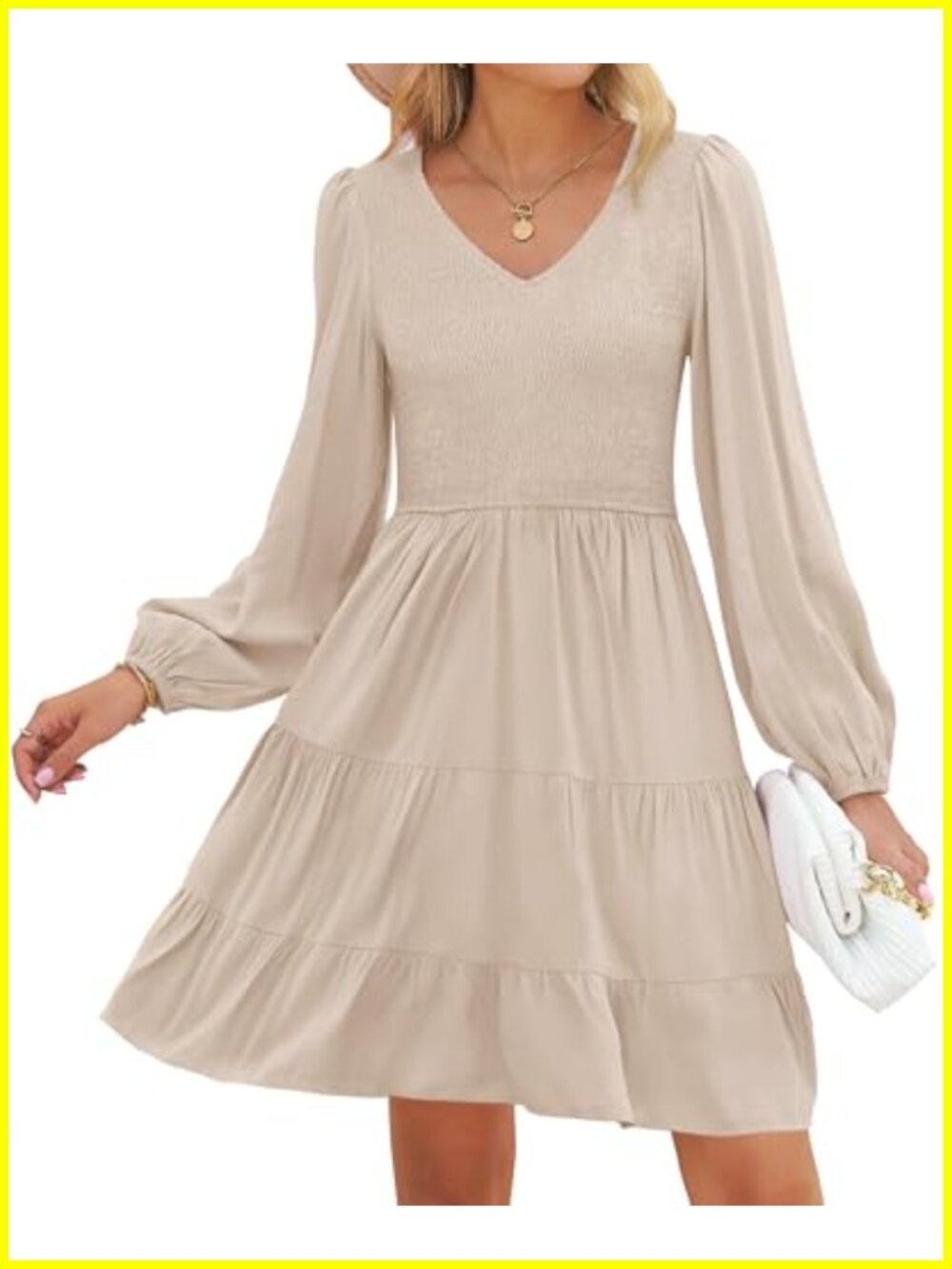 Boho V-Neck Long Sleeve Mini Dress with Smocked Bust and Tiered Ruffle Skirt